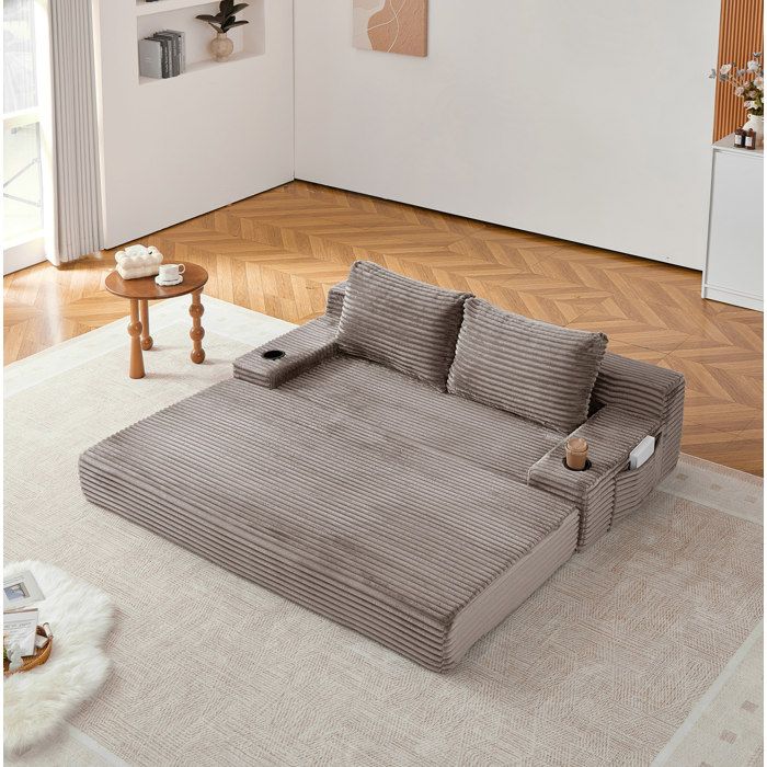 HOMVRA Canapé convertible 2 places en tissu côtelé marron avec 2 coussins porte-gobelets et rangements