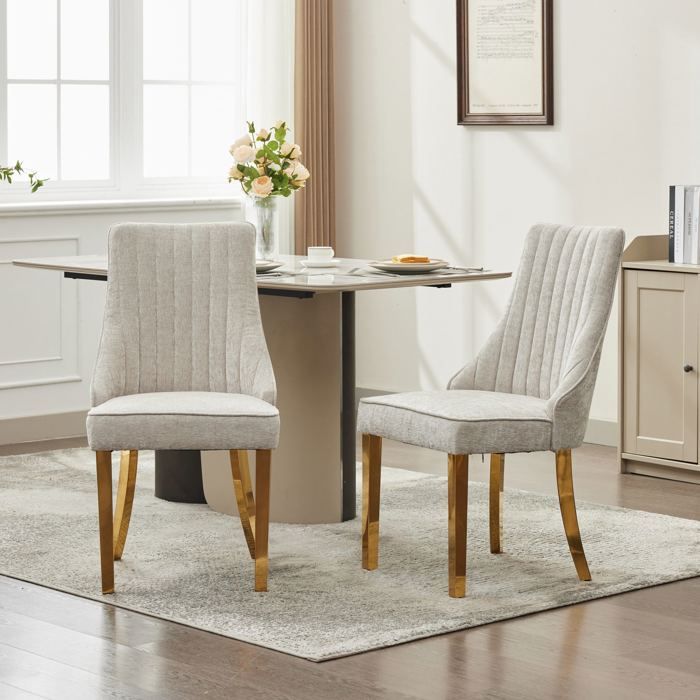 Ensemble de 2 chaises de salle à manger 65 x 50 x 95 cm coloris beige revêtement en chenille finitions dorées
