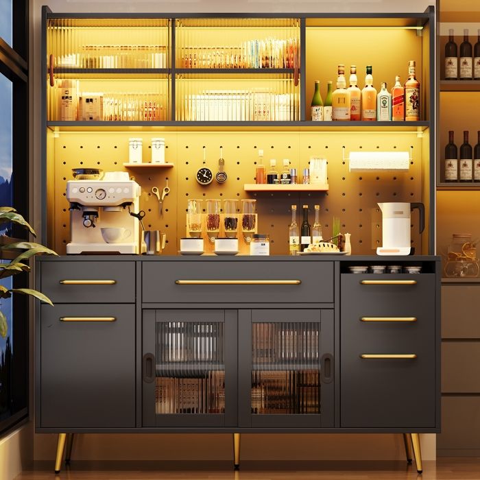 Buffet Cuisine Haut avec LED App Control-avec Panneau Perforé-Rangement avec Tiroir et portes vitrées-Meuble Noir pour Salon