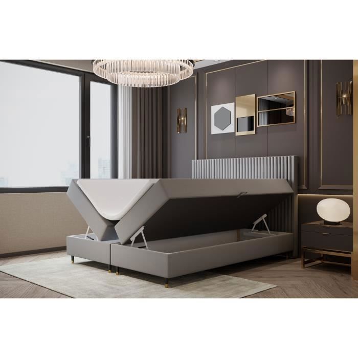 Lit adulte 180x200 cm ESTEPONA - rembourré avec rangement et matelas – Tissu velours - gris