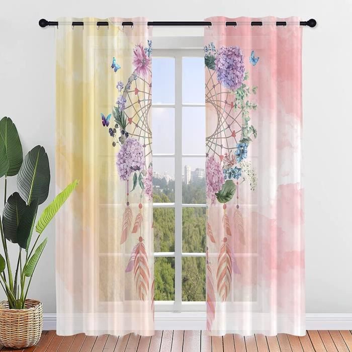 CUCRAF 2 Panneaux Voilage Transparent Aspect Lin 140x145 Cm à Anneaux – Rose Pêche, Léger & Élégant Pour Salon Chambre