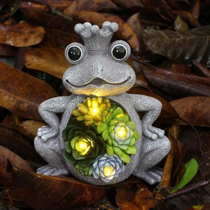 Statue de jardin solaire grenouille avec succulente et 4 lumières LED