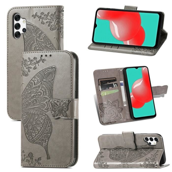 ALAMO Coque en Papillon pour Samsung Galaxy A32 Gris Prime PU Cuir Etui avec Fentes pour Cartes 4G // 5G