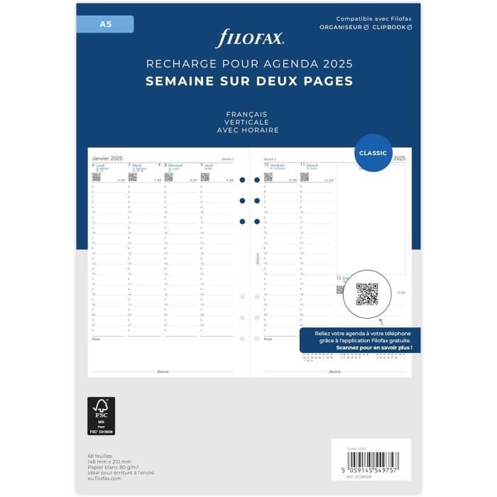Recharges Agenda Semainier 2025 A5 - Orgnizme, Semaine Sur 2 Pages, Onglets Mensuels, Compatible Filofax