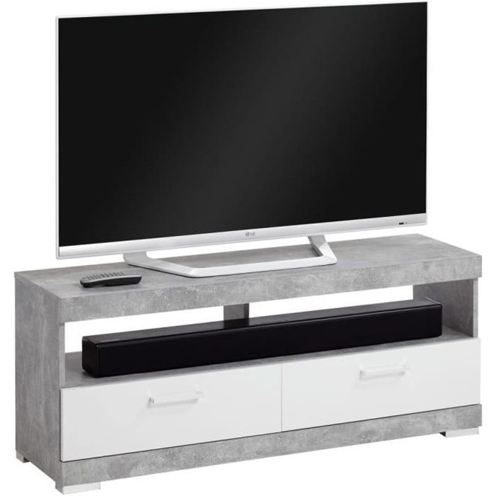 meuble tv cristal avec 2 tiroirs blancs. réalisé en panneaux de particules avec décor en béton.