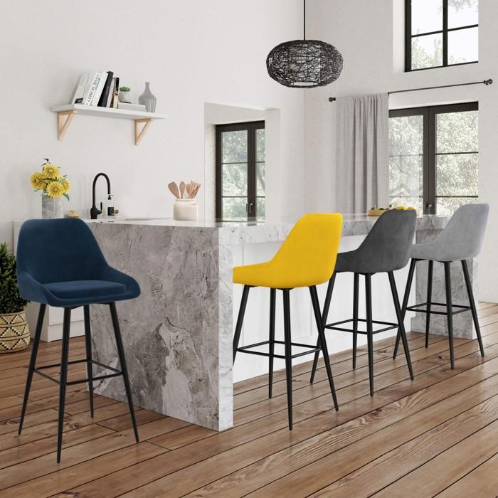 IDMARKET Lot de 4 tabourets de bar THALYA en velours mix color bleu gris clair gris foncé jaune avec demi-accoudoirs IDMARKET Lot de 4 tabourets de bar THALYA en velours mix color bleu gris clair gris foncé jaune avec demi-accoudoirs