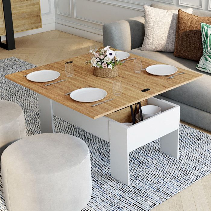 IDMARKET Table basse rectangulaire plateau relevable convertible en table à manger TARA bois blanc et imitation hêtre IDMARKET Table basse rectangulaire plateau relevable convertible en table à manger TARA bois blanc et imitation hêtre