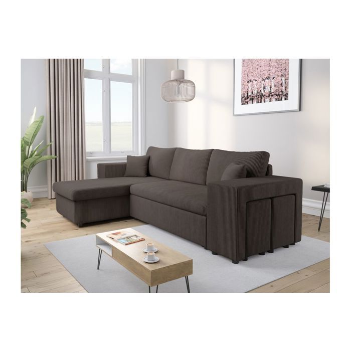 Canapé dangle réversible MADY avec coffre rangement poufs à droite en velours côtelé gris foncé - L254 x P146 x H81cm - LOUNGITUDE Canapé dangle réversible MADY avec coffre rangement poufs à droite en velours côtelé gris foncé - L254 x P146 x H81cm - LOUNGITUDE