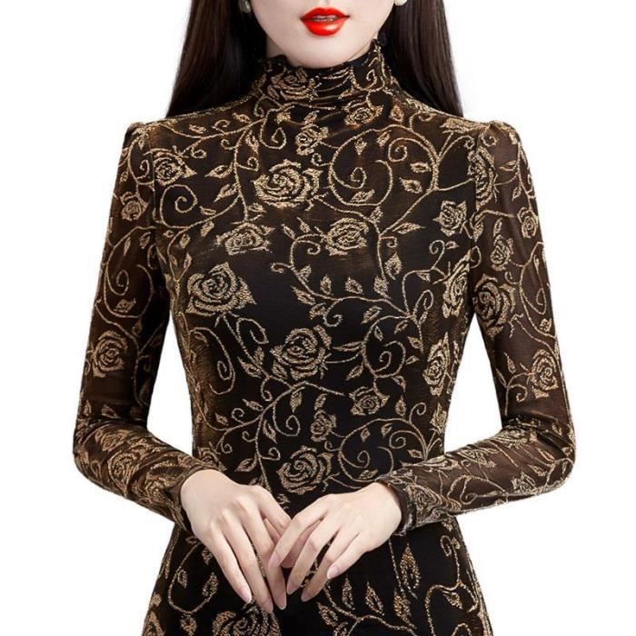 Chemise,Chemisier à manches longues et col roulé pour femme,imprimé ...