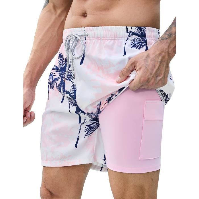 Maillot de Bain Homme avec Doublure de Compression Maillot de Bain Séchage  Rapide Short de Plage pour Vacances Voyage Jaune/Rose