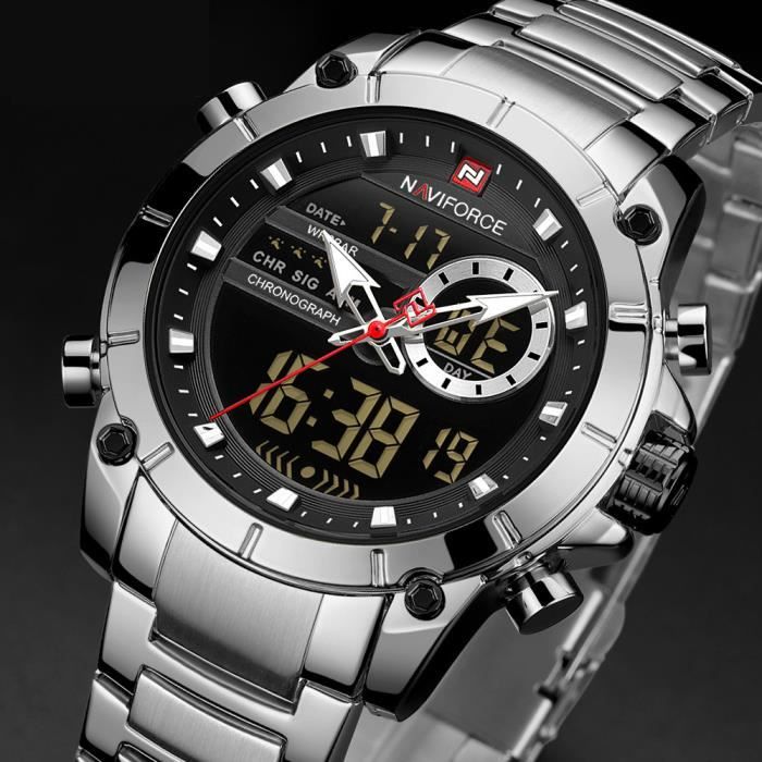 lingyue hommes double affichage quartz led montre en acier inoxydable chronographe hommes montres - argent