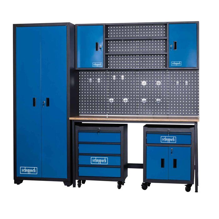 Système datelier modulaire SCHEPPACH - GWS08 - Armoire + armoire murale + établi + 2 servantes datelier + panneau perforé mural Système datelier modulaire SCHEPPACH - GWS08 - Armoire + armoire murale + établi + 2 servantes datelier + panneau perforé mural