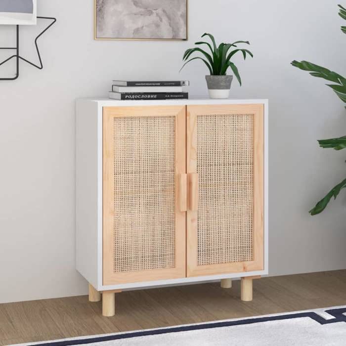 vidaXL Buffet Blanc 60x30x70 cm Bois de pin massif et rotin naturel 345630