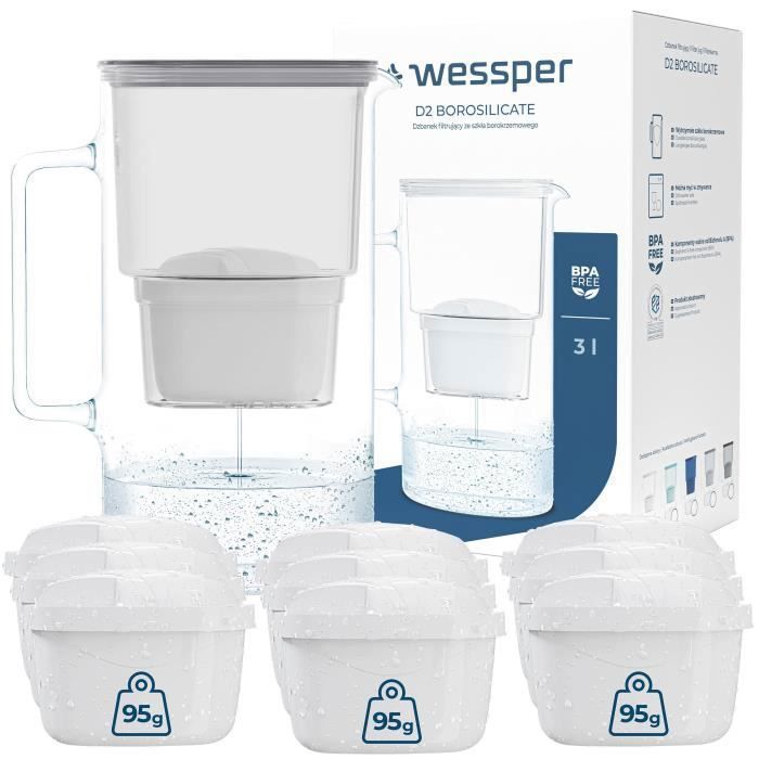 Wessper Carafe Filtrante en Verre, 1 LItre, Carafe à eau avec Cartouche