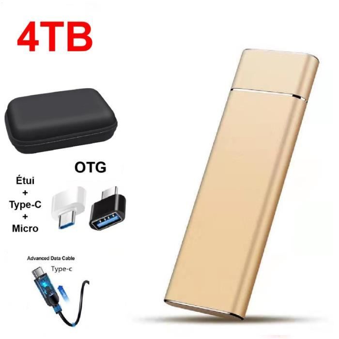 Disque Dur Externe SSD Portable 4TB 4To Or avec OTG + Étui Housse Sac de Protection HDD pour PC Ordinateur Téléphone Mobile