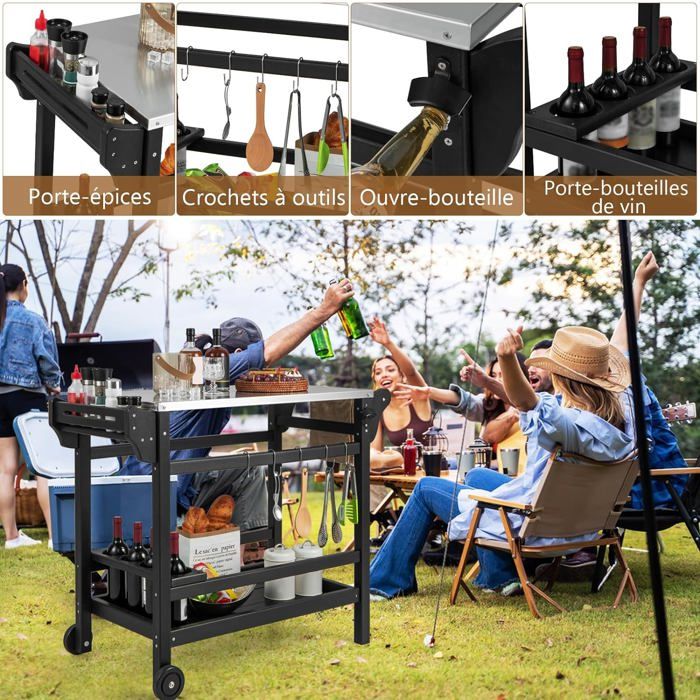 GOPLUS Desserte Jardin 3 Niveaux Pour Plancha Barbecue - Îlot Cuisine Extérieur Mobile 127cm