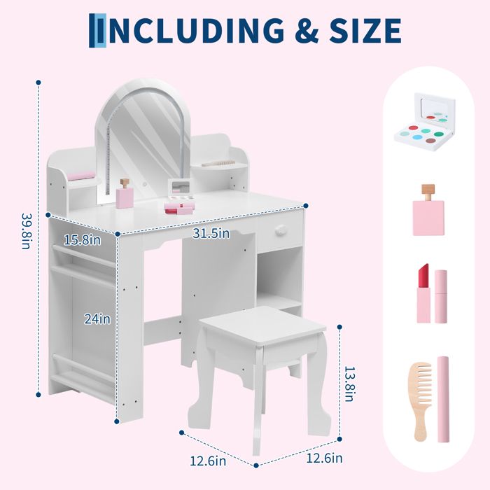 2 en 1 Coiffeuse Enfants et Tabouret avec Miroir Amovible à Trois Volets & Lumières LED, Table de Maquillage Princesse avec Tiroir de Rangement, Bureau Enfants de 3 Ans+, 70x34x103CM(Blanc