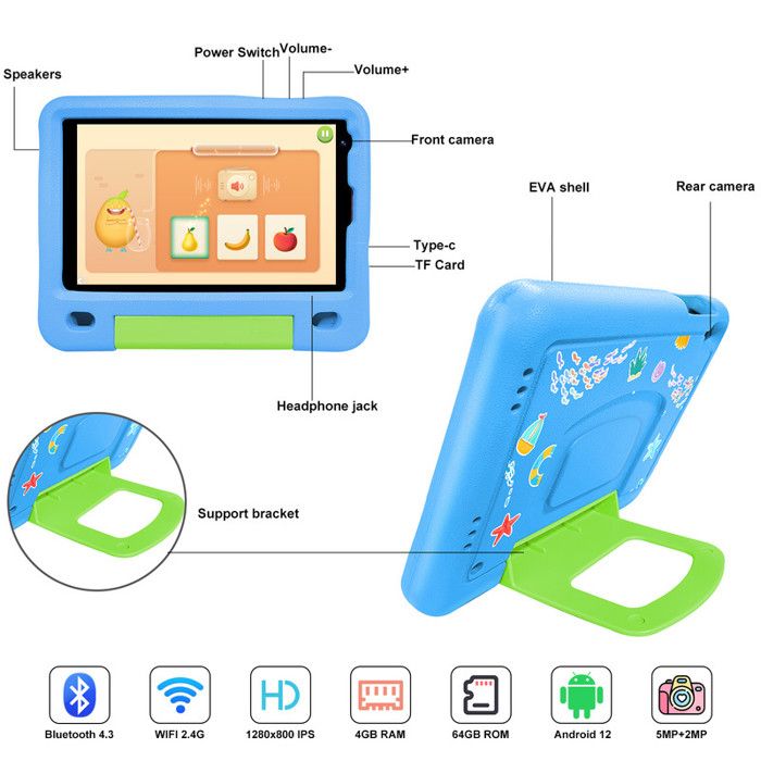 Tablette Tactile Android 12 GMS, Tablette Enfants 8 Pouces, 4Go  RAM+64Go/128Go ROM, Contrôle Parental Kids Tablette Pas Cher, Jeux  Éducatifs, Dual