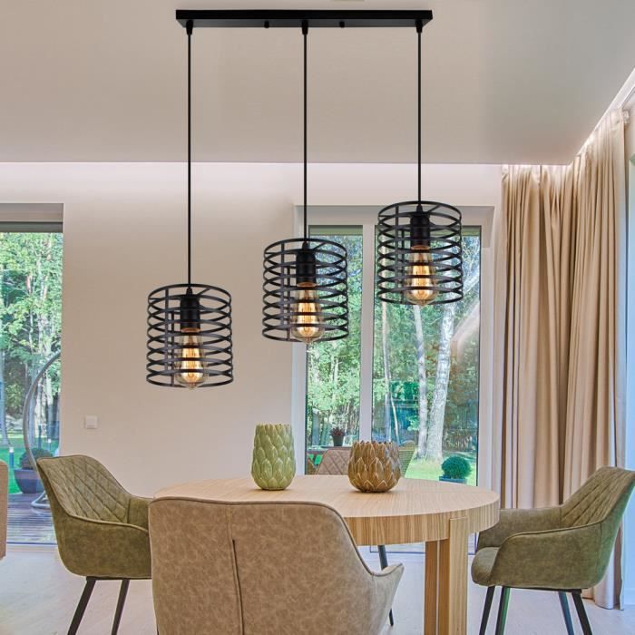 Suspension Luminaire Industrielle 3 Lampes Vintage - Style Rétro Métal Noir Pour Salon Et Cuisine