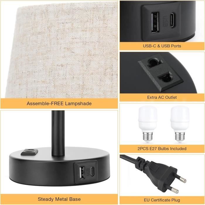 Lampe de Chevet Tactile avec Ports USB-A+C+Prise CA, 3 Intensité