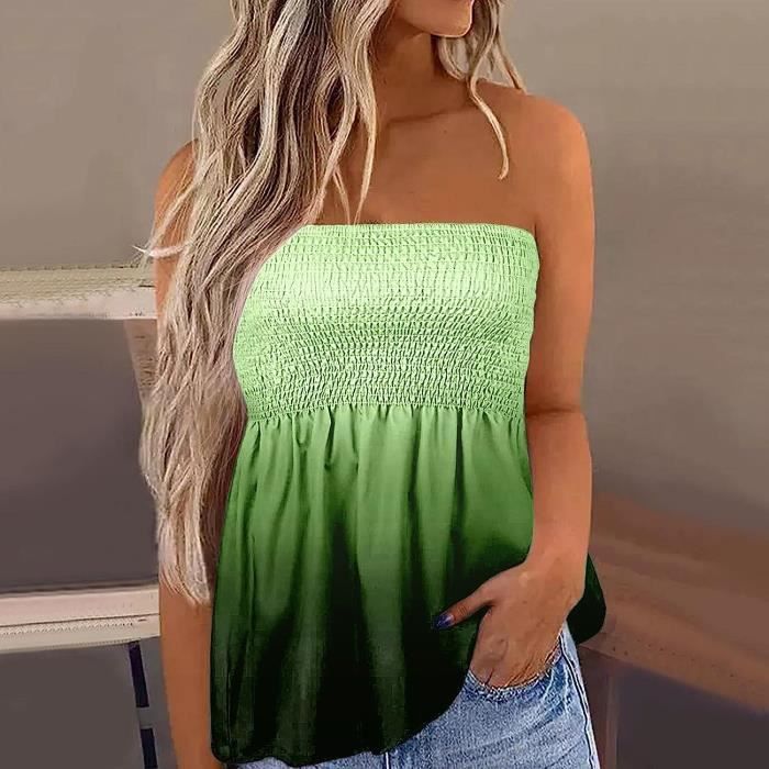 Femme Bandeau Plissee Debardeur sans Bretelles Haut Dos Nu Bustier sans Manches Ete Decontracte Camisole Tops et Elegant Green