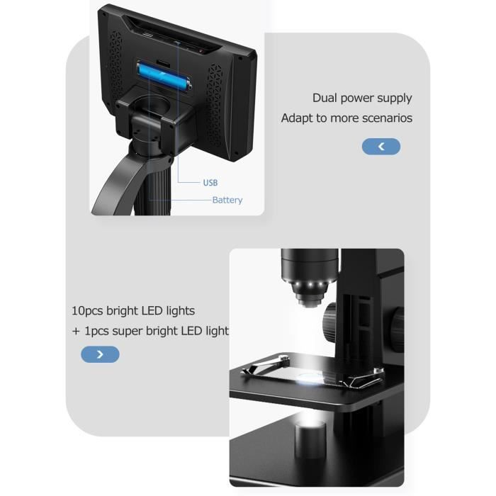 Microscope Numérique LCD 7″ – Double Objectif 500-2000x – 12 MP – 11 LED – Rechargeable – Écran Rotatif 180° – Pour Science & Biologie