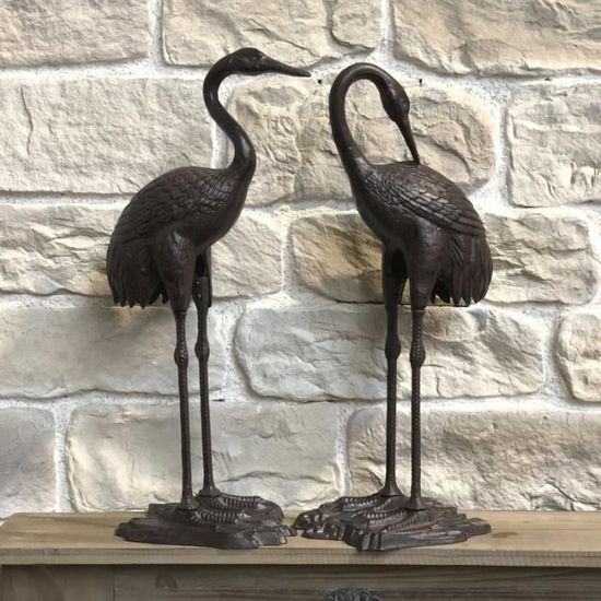 LORIGINALE DECO Statue Sculpture Héron Femelle Oiseau Décoration Jardin Fonte Marron 75 cm 