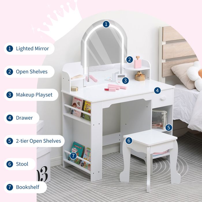 LIFEZEAL Coiffeuse Enfant avec Miroir Lumineux, Set Coiffeuse et Chaise Princesse, Table de Toilette 2-en-1 avec Étagères, Blanc - Maison