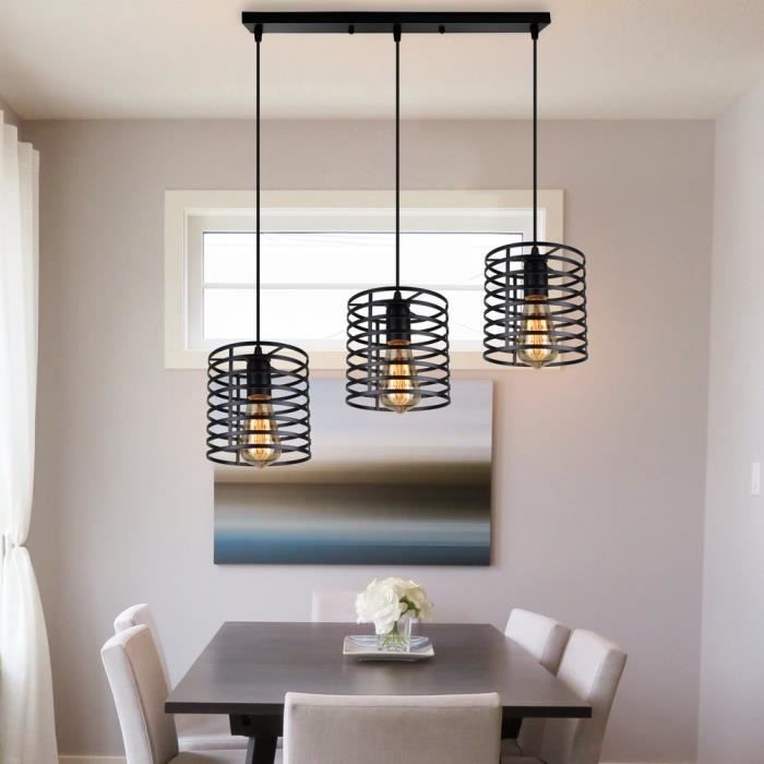 Suspension Industrielle Vintage 3 Lumières E27 – Lustre Métal Noir Rétro Avec Barre De Support, Style Loft Pour Salon, Cuisine, Chambre