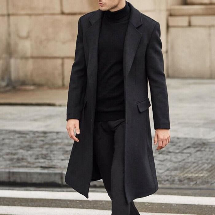 Manteau caban Trench Coat Long en laine pour homme coupe vent style britannique decontracte couleur unie automne Black E1898 Blanc Cdiscount Pret a Porter