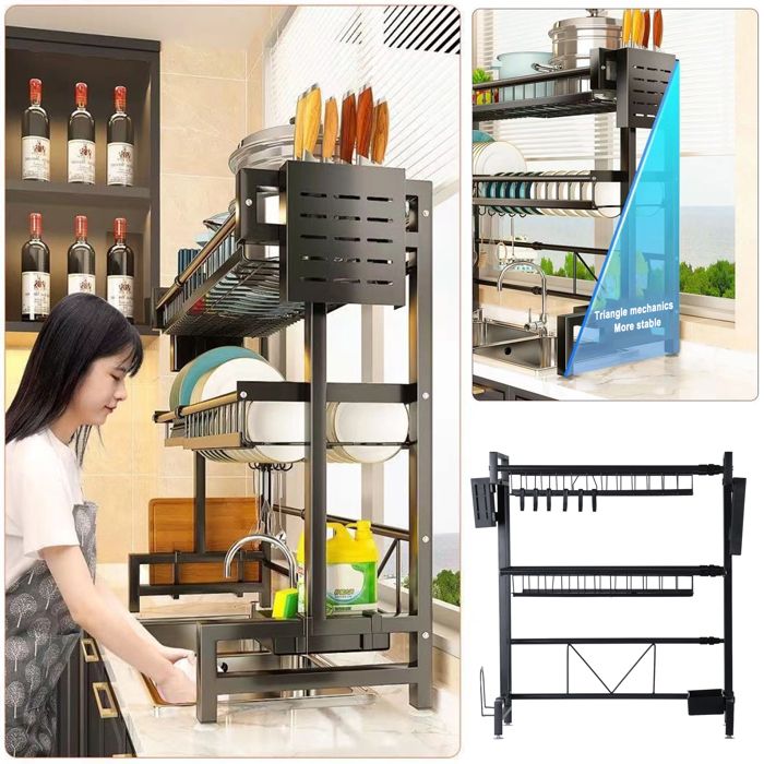Organiseur Sous Évier 2 Niveaux Coulissant - Acier Carbone Hauteur Réglable (41-49 Cm) - Rangement Cuisine/Salle De Bain - 7