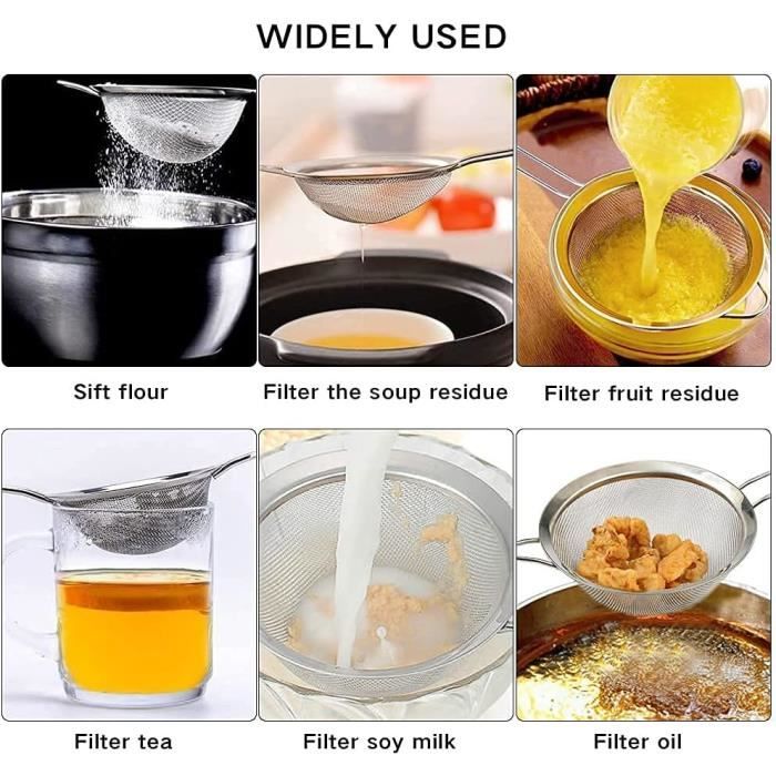 NJJYBROS Lot De 3 Tamis à Farine En Maille Fine, Passoires Et Passoires En Acier Inoxydable Avec Poignée Pour Tamiser La Farine, égoutter Et Rincer Les Pâtes, Le Thé Et Plus Encore