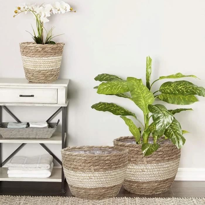 Pots De Fleurs En Paille Tissée - Panier Déco Naturel Pour Plantes D'intérieur, Rangement, Taille S/M/L (S : 28x28 Cm)