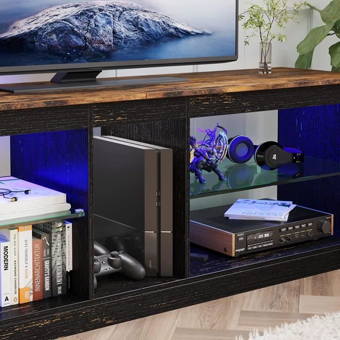 Meuble TV gamer 163x45x48 cm décor noir avec LED bleue