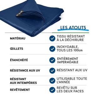 Bâche de couverture étanche protection en PE avec oeillets 8x12 m 180 g