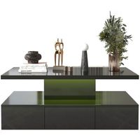 Table basse, table à tiroirs, finition laquée brillante, table d'appoint avec deux niveaux de rangement, avec éclairage LED, Noir