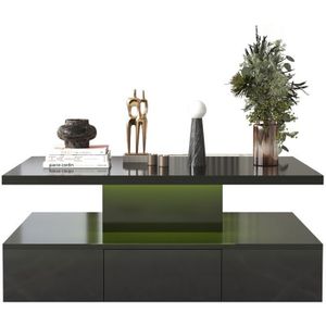 TABLE BASSE Table basse, table à tiroirs, finition laquée brillante, table d'appoint avec deux niveaux de rangement, avec éclairage LED, Noir