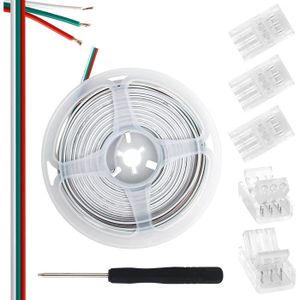 Aroidful Kit de Connecteur de Bande LED RGB 4 Broches 10 mm, 5 Connecteurs  de Bande de Cristal avec Tournevis et Câble de 10 m Pour Bande Lumineuse