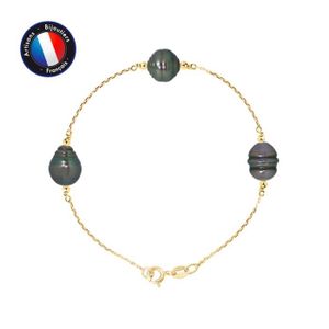 BRACELET - GOURMETTE PERLINEA - Bracelet 3 Véritables Perles de Culture de Tahiti Cerclées 8-9 mm - Or Jaune - Bijoux Femme