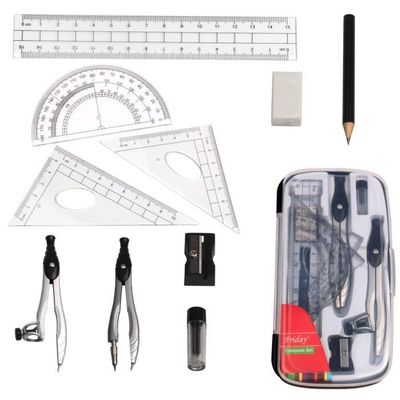 Kit Géométrie 10 Pièces - Compas, Règles, Rapporteur, Crayon, Gomme, étui Plastique, Parfait école, Dessin Technique, Mathématiques