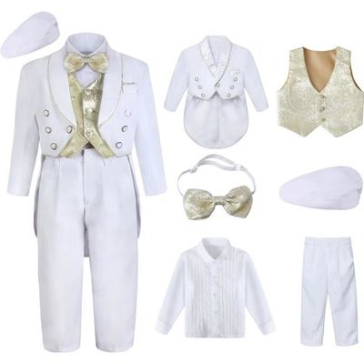 Ensemble de vêtements de baptême pour bébés garçons de 0 à 2 ans, tenues d'anniversaire blanches avec chapeau, 2 pièces
