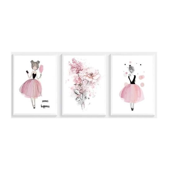 Lot de 3 Affiches Décoration Chambre Fille Princesse Rose Fleur