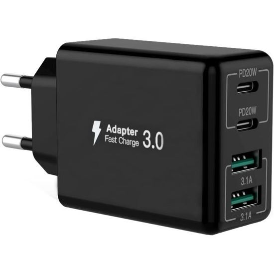 Chargeur USB-C 40W 4 Ports - PD Et QC Rapide - Compatible IPhone, Samsung, IPad - Compact, Voyage (Noir) - 8