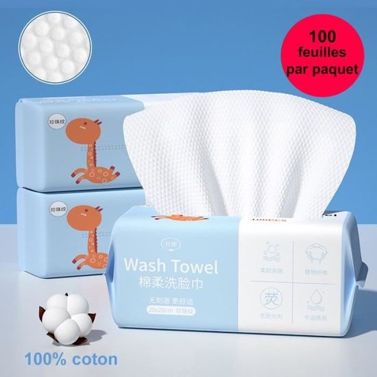 100 Lingettes Visage Jetables 100% Coton - 20x20cm - Usage Sec Ou Humide