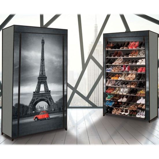 IDMARKET Étagère range chaussures 50 paires + housse imprimé Paris