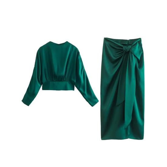 Jupe,jupe longue froncée en Satin vert pour femmes, avec nœud, taille haute, fente latérale