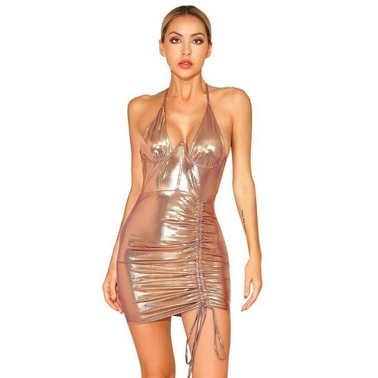 Auriselle Robes pour Femmes Scintillantes Métalliques Réseau Mini-Robe Spaghetti Dos Nu Robe Portefeuille avec Encolure Balancée sans Manches Ajustée avec Cordon de Serrage, Rouge, M