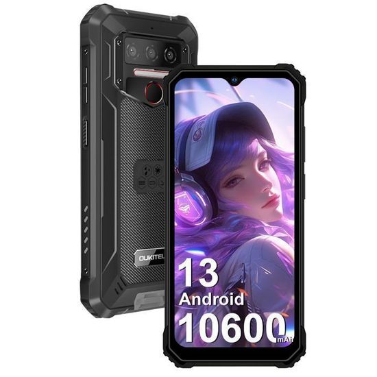 OUKITEL WP23 Smartphone Robuste 6.52" 64 Go 13MP 10600mAh Android 13 IP68 Telephone 4G Double SIM NFC GPS - Noir