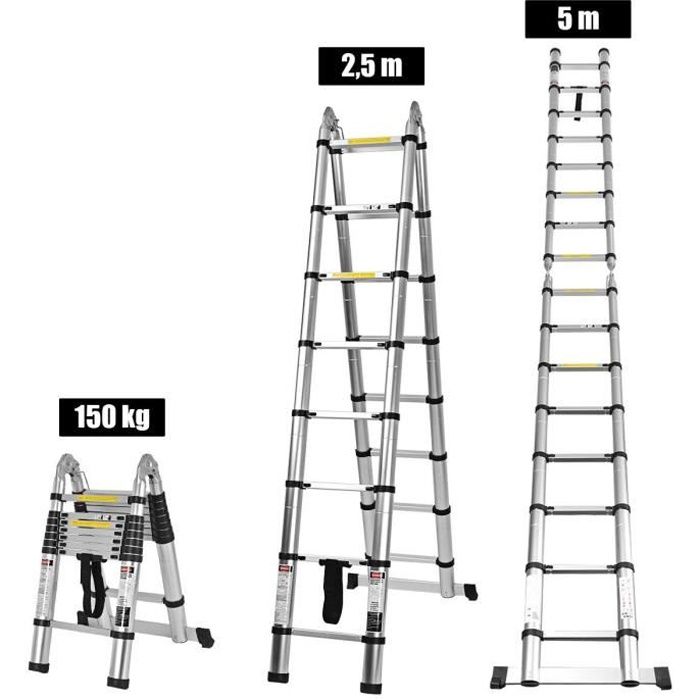 COSTWAY Echelle Télescopique 5M(2,5M + 2,5M) en Aluminium avec 16 Echelons Charge 150KG Réglable 90-500CM avec Barre Stabilisatrice