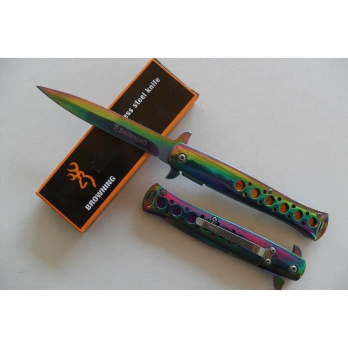 LaPetiteCaverne - Couteau Style Titane -BROWNING- Lame Fine 10cm Manche Acier Chromé 12,5cm